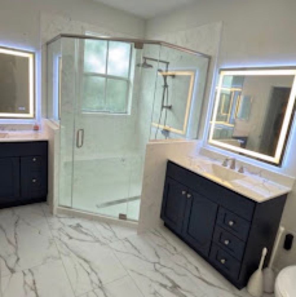 Waterproof marble-look premium flooring in a bathroom